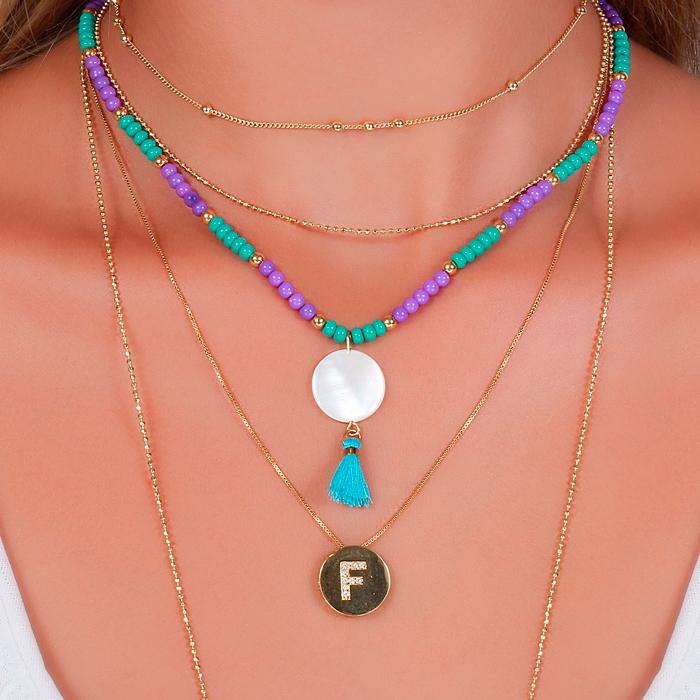 Colar Choker Folheado Ouro 18K Miçangas Turquesa e Roxa com Madre Pérola e Tessel Azul