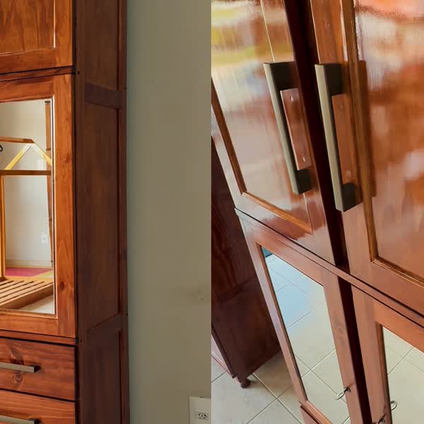 Guarda-Roupa Solteiro Barnabé 4 Portas 3 Gavetas  com Espelho Madeira Maciça Castanho - Pnr Móveis