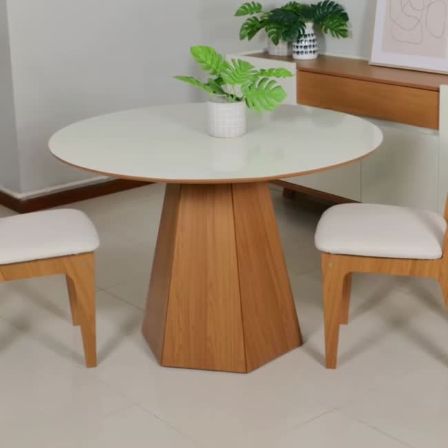 Conjunto Sala de Jantar Mesa Lisboa Hexagonal Off White/Freijó com 4 Cadeiras Palha Sintética 100% Mdf Freijó/Bege Claro J20