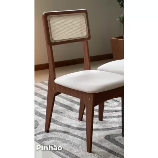 Kit 2 Cadeiras 100% Mdf com Encosto em Palha Sintética - Pinhão/Bege Claro J20