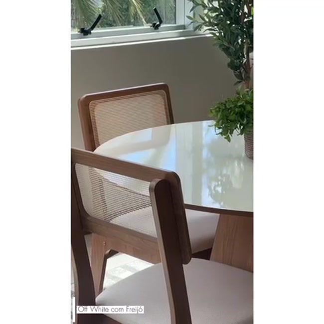 Conjunto Sala de Jantar Mesa Lisboa Hexagonal Off White/Freijó com 4 Cadeiras Palha Sintética 100% Mdf Freijó/Bege Claro J20