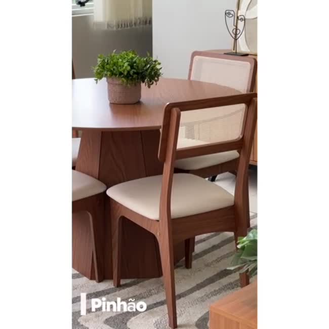 Conjunto Sala de Jantar Mesa Lisboa Hexagonal Pinhão com 4 Cadeiras Palha Sintética 100% Mdf Pinhão/Bege Claro Pn20