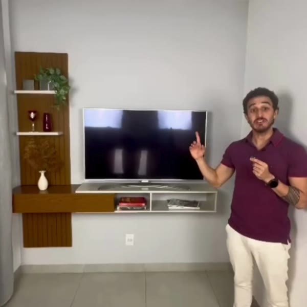 Painel Ripado Flex P/Tvs Até 70”nicho e Porta Basc – 1,60mt, 1,80mt e 2,00mt - Montagem do Painel Ambos Lados Cedro Cedro Off White