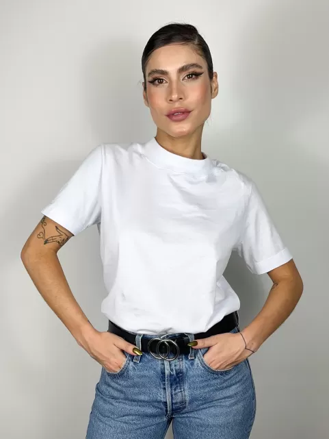Blusa Feminina Algodão Gola Alta e Manga Curta Branca Gisele