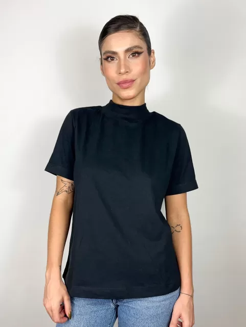 Blusa Feminina Algodão Gola Alta e Manga Curta Preto Gisele