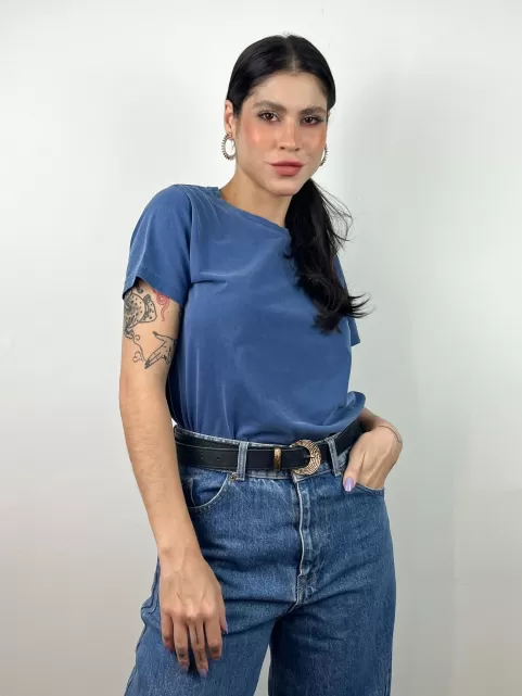 Camiseta Feminina Estonada Lisa Manu Azul Jeans