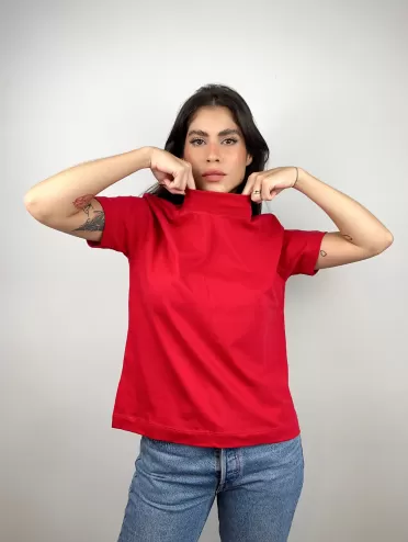 Blusa Feminina Algodão Gola Alta e Manga Curta Vermelho Gisele