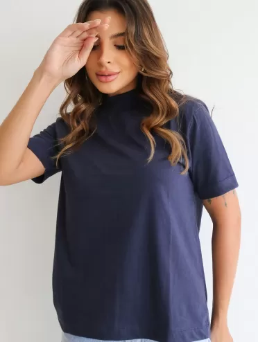 Blusa Feminina Algodão Gola Alta e Manga Curta Marinho Gisele
