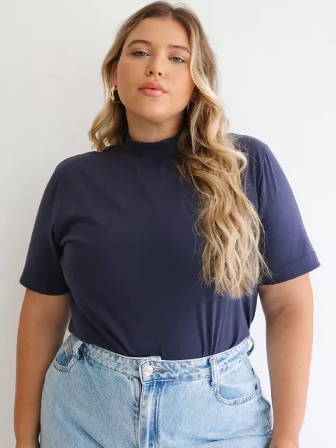 Blusa Feminina Algodão Gola Alta e Manga Curta Marinho Gisele