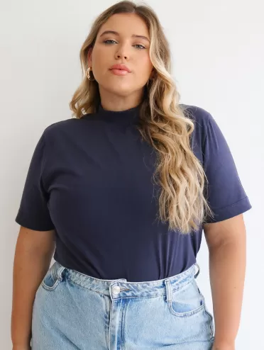Blusa Feminina Algodão Gola Alta e Manga Curta Marinho Gisele