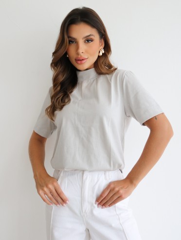 Blusa Feminina Algodão Gola Alta e Manga Curta Cinza Gisele