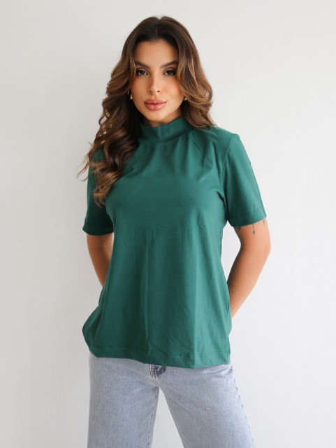 Blusa Feminina Algodão Gola Alta e Manga Curta Verde Gisele