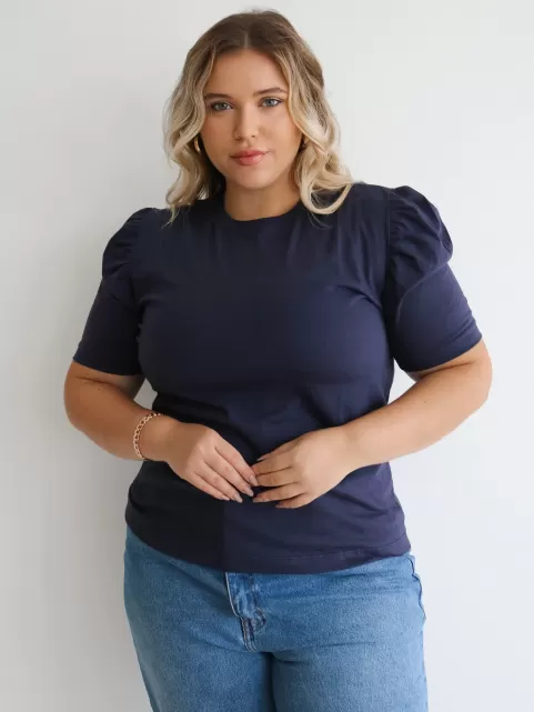 Blusa Feminina Manga Bufante de Algodão Lisa Serena Marinho - Coleção Essencial
