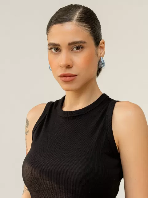 Blusa Regata Canelada 100% Algodão Helô Preto