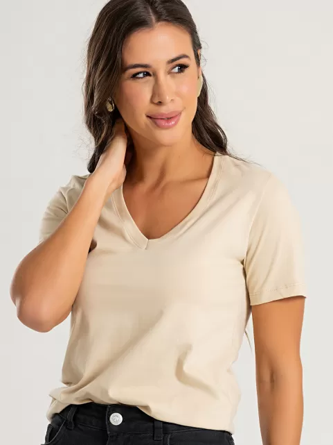 Blusa Feminina Decote V 100% Algodão Lisa íris Bege Amêndoa