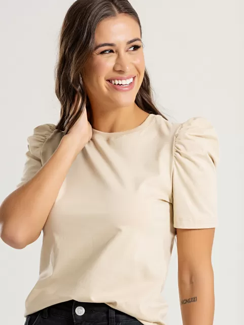 Blusa Feminina Manga Bufante de Algodão Lisa Serena Bege Amêndoa