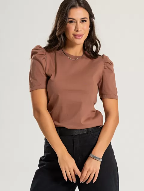 Blusa Feminina Manga Bufante de Algodão Lisa Serena Marrom Cacau