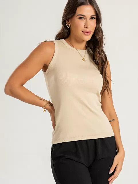Blusa Regata Canelada 100% Algodão Helô Bege Amêndoa