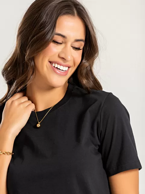 Camiseta Feminina de Algodão Lisa Manga Alongada Ana Preta