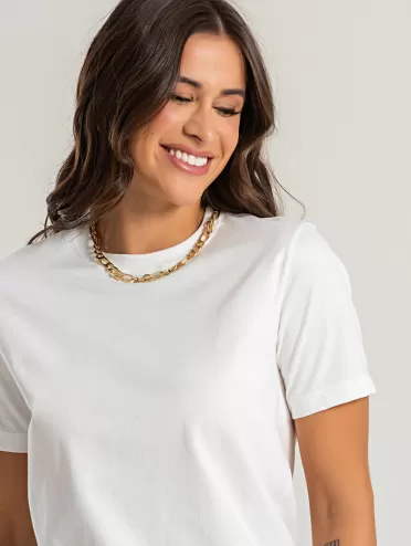 Camiseta Feminina de Algodão Lisa Manga Alongada Ana Off White