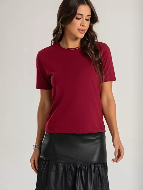 Camiseta Feminina de Algodão Lisa Manga Alongada Ana Vinho Hibisco
