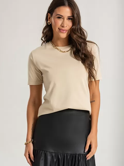 Camiseta Feminina de Algodão Lisa Manga Alongada Ana Bege Amêndoa
