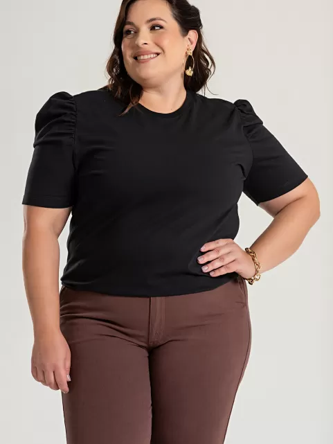 Blusa Feminina Manga Bufante Plus Size de Algodão Lisa Serena Preto