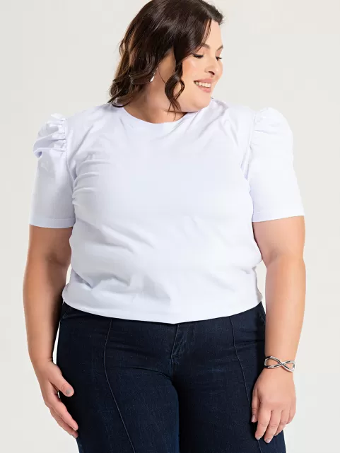Blusa Feminina Manga Bufante Plus Size de Algodão Lisa Serena Branca