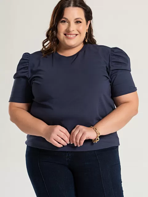 Blusa Feminina Manga Bufante Plus Size de Algodão Lisa Serena Marinho