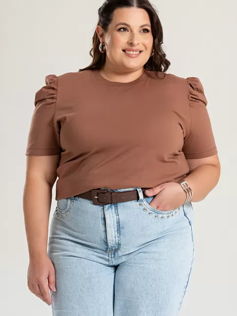 Blusa Feminina Manga Bufante Plus Size de Algodão Lisa Serena Marrom