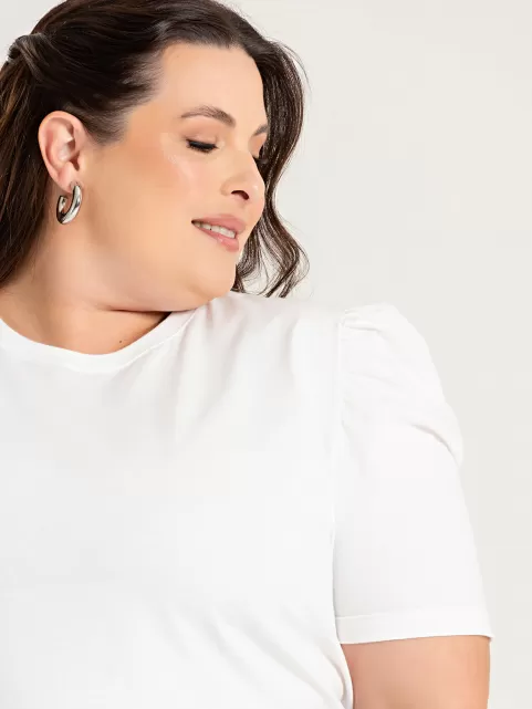 Blusa Feminina Manga Bufante Plus Size de Algodão Lisa Serena Off White