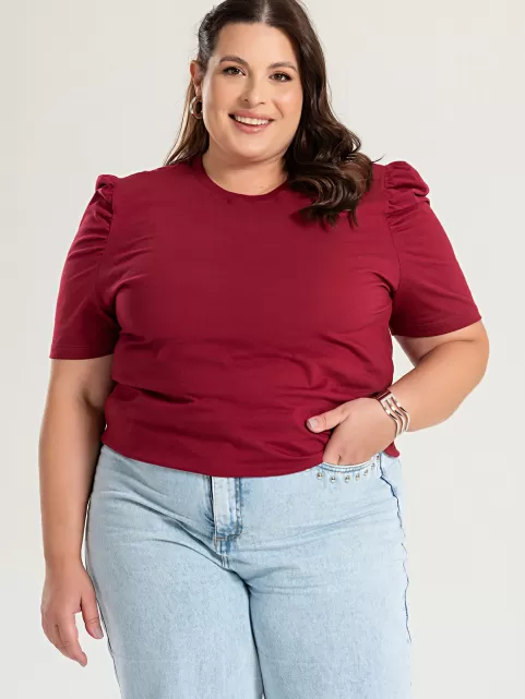 Blusa Feminina Manga Bufante Plus Size de Algodão Lisa Serena Vinho