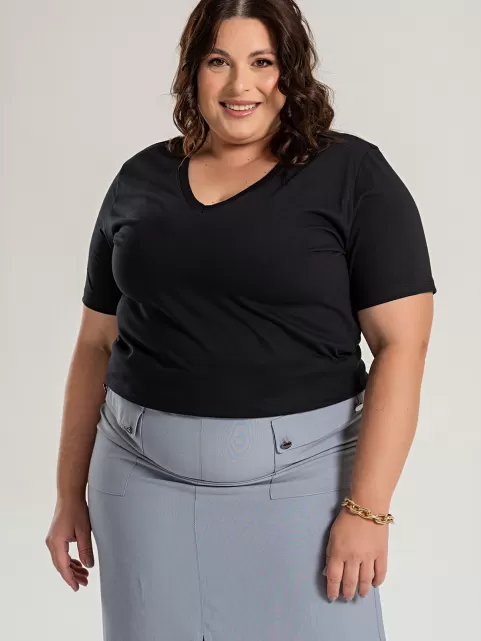 Blusa Feminina Decote V Plus Size 100% Algodão Lisa íris Preto