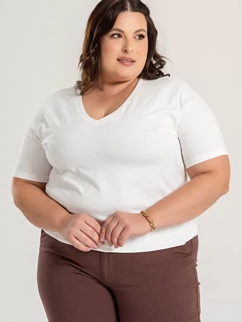 Blusa Feminina Decote V Plus Size 100% Algodão Lisa íris Off White