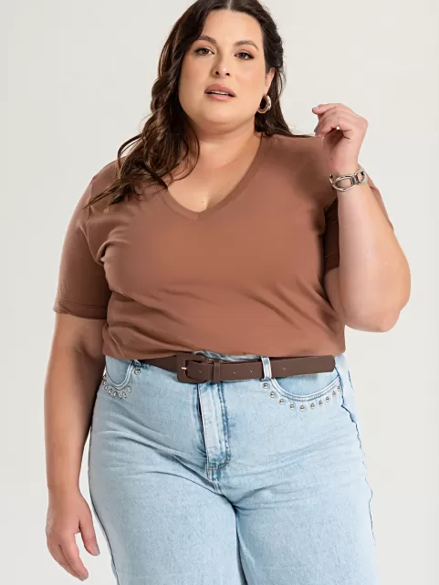 Blusa Feminina Decote V Plus Size 100% Algodão Lisa íris Marrom