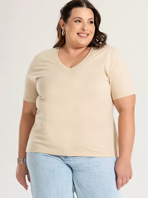 Blusa Feminina Decote V Plus Size 100% Algodão Lisa íris Bege