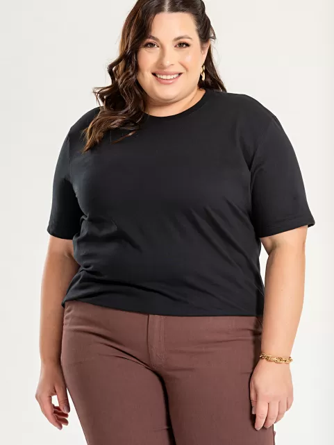 Camiseta Plus Size Feminina de Algodão Lisa Manga Alongada Ana Preto