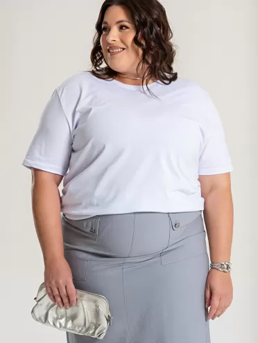 Camiseta Plus Size Feminina de Algodão Lisa Manga Alongada Ana Branco