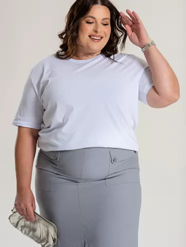 Camiseta Plus Size Feminina de Algodão Lisa Manga Alongada Ana Branco