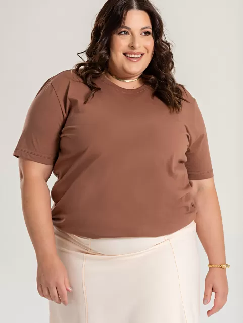 Camiseta Plus Size Feminina de Algodão Lisa Manga Alongada Ana Marrom