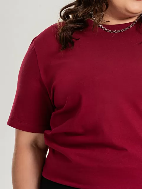 Camiseta Plus Size Feminina de Algodão Lisa Manga Alongada Ana Vinho