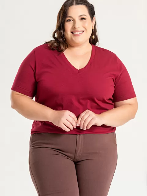 Blusa Feminina Decote V Plus Size 100% Algodão Lisa íris Vinho