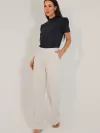 Calça Reta Feminina de Malha Linho e Nervura Beatriz com Bolso Faca e Cós Elástico