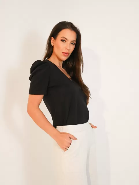 Blusa Feminina de Algodão Manga Bufante Decote V Alice Preto