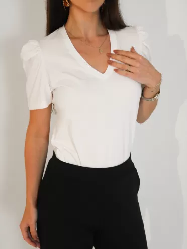 Blusa Feminina de Algodão Manga Bufante Decote V Alice Off White