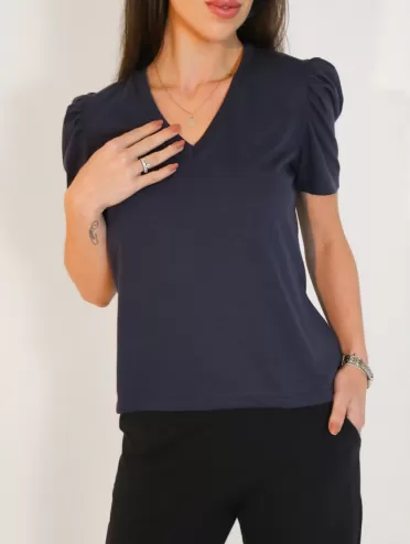 Blusa Feminina de Algodão Manga Bufante Decote V Alice Marinho