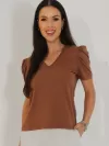 Blusa Feminina de Algodão Manga Bufante Decote V Alice Marrom