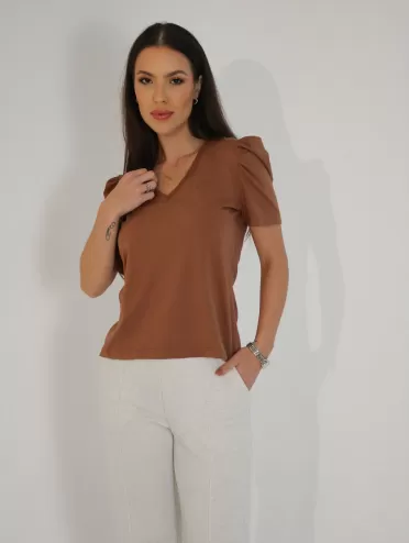 Blusa Feminina de Algodão Manga Bufante Decote V Alice Marrom