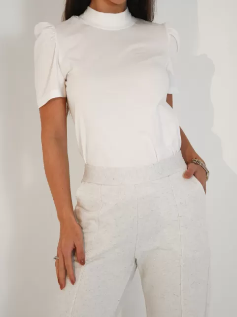 Blusa Feminina de Algodão Manga Bufante Gola Alta Lorena Off White