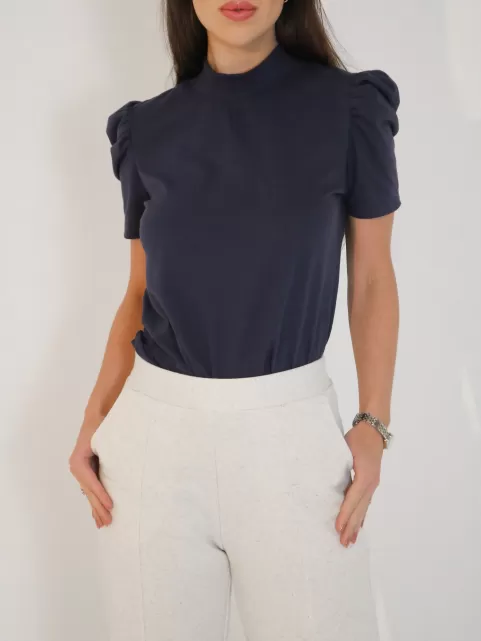 Blusa Feminina de Algodão Manga Bufante Gola Alta Lorena Marinho